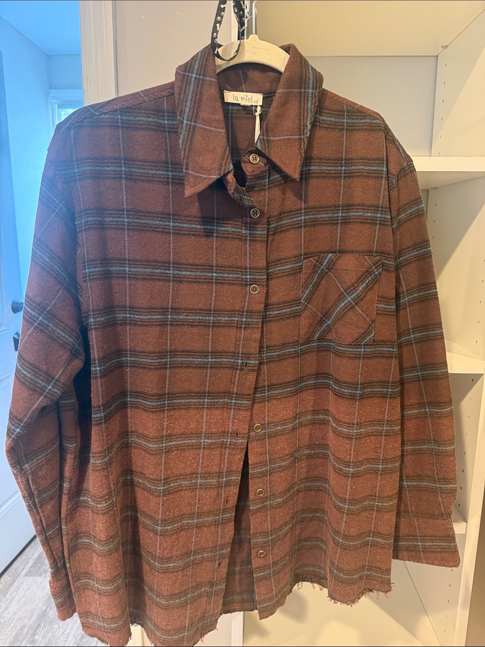 LA MIEL Rust Plaid Button-Down Shirt with Blue Stripe